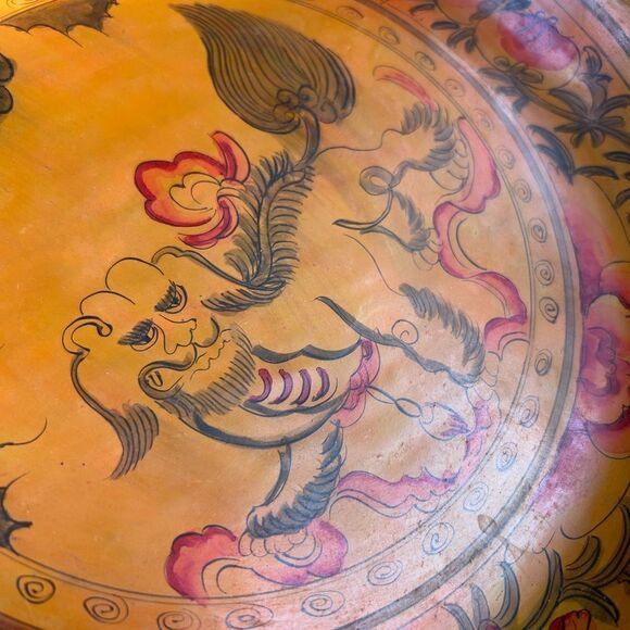 Set of 2 Wax Stamped Vintage Asian Hand Painted Floral Wooden Plates - Picture 5 of 16